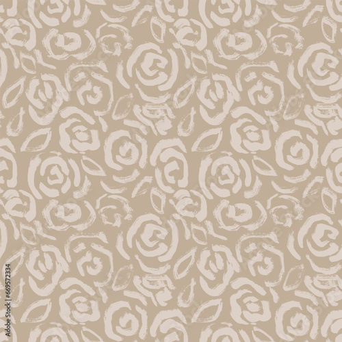 Grunge Distressed Ink Roses Beige Pattern.