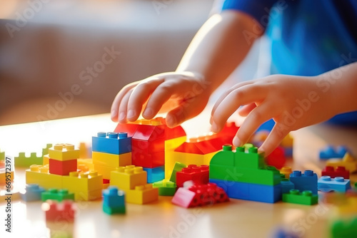 Close-up of child's hands assembling vibrant building blocks on a sunlit table
