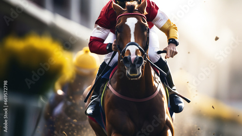 close up action horse races, jockey on horseback approaching the finish line. horse racing concept. Generation AI © Bogdan