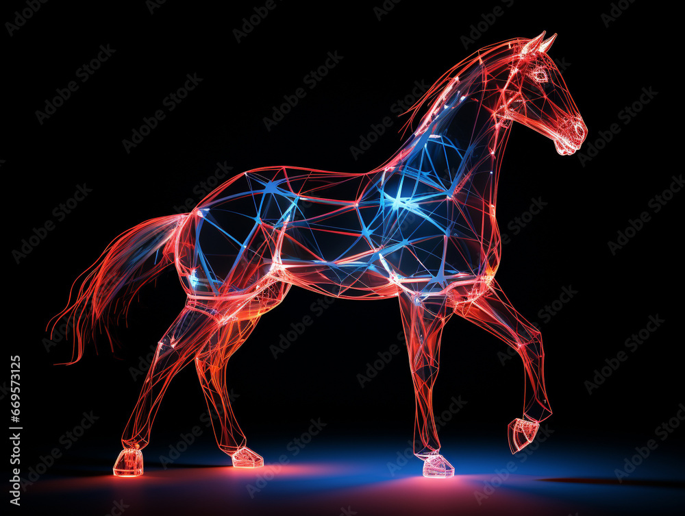 A Geometric Horse Made of Glowing Lines of Light on a Solid Black Background A Geometric Horse Made of Glowing Lines of Light on a Solid Black Background