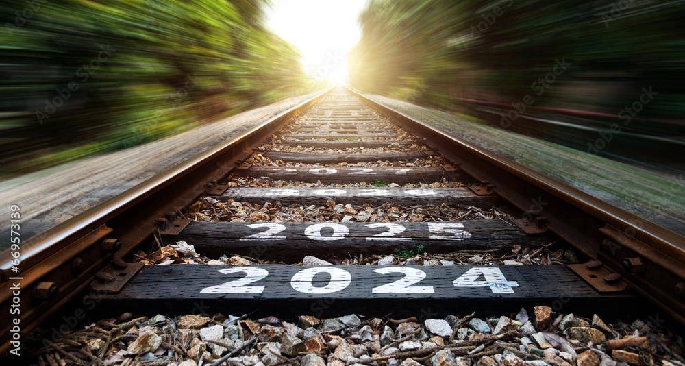 Empty railroad with new year number 2024, 2025 to 2027 - obrazy, fototapety, plakaty 