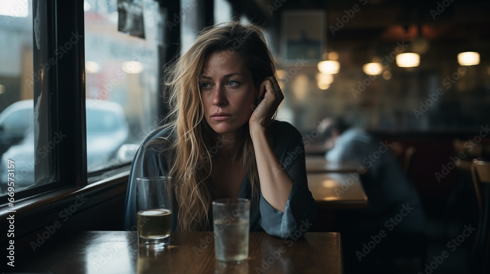 Traurige junge Frau sitzt allein in der Kneipe und schaut aus dem Fenster - obrazy, fototapety, plakaty 