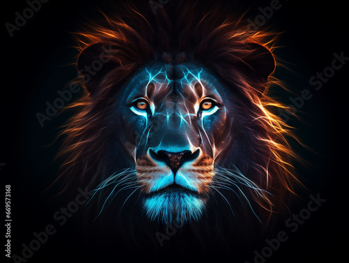 A Geometric Lion Made of Glowing Lines of Light on a Solid Black Background