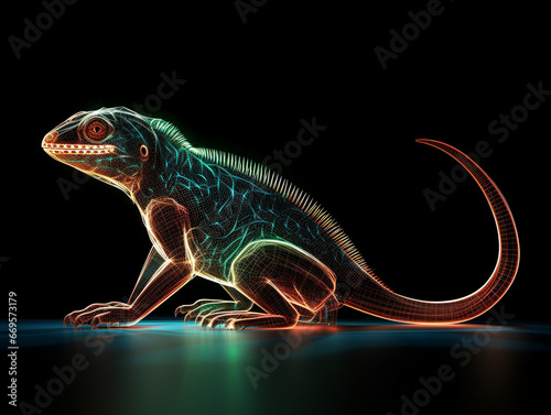 A Geometric Lizard Made of Glowing Lines of Light on a Solid Black Background