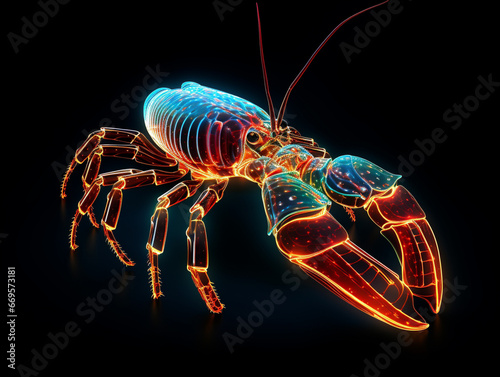 A Geometric Lobster Made of Glowing Lines of Light on a Solid Black Background © Nathan Hutchcraft