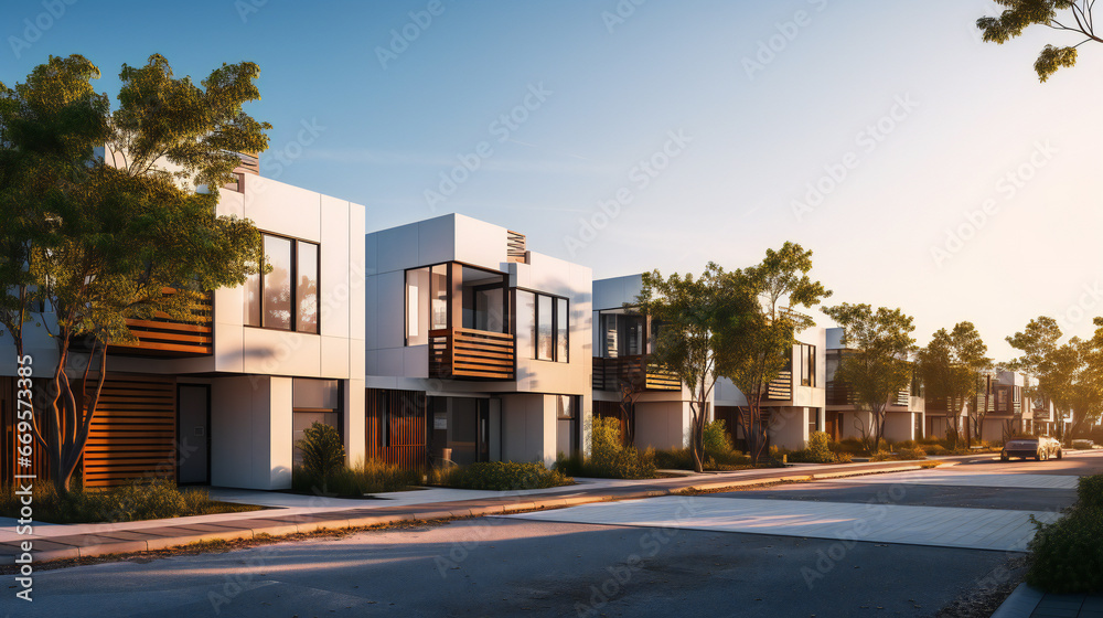 Fototapeta premium Modern modular private townhouses. Residential minimalist architecture exterior. A very modern neighborhood, late afternoon or morning shot. Generation AI