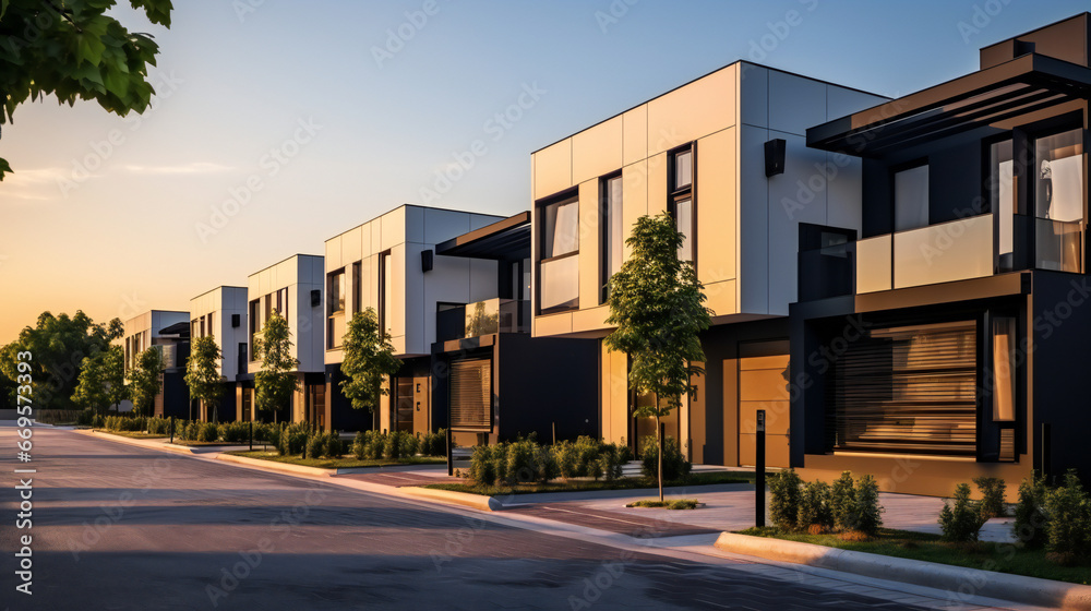 Modern modular private townhouses. Residential minimalist architecture exterior. A very modern neighborhood, late afternoon or morning shot. Generation AI