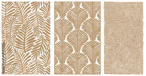 Gold Abstract Organic Pattern. Leaves Lines with Brush Strokes. Modern Printable Background Ornament. Abstract Natural Shape. Grounge Texture Walpaper. Leaf Fabric Textile Background. © PackagingMonster