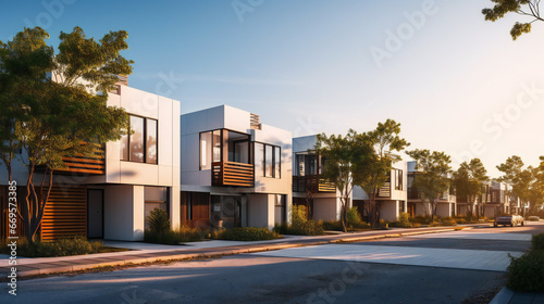 Modern modular private townhouses. Residential minimalist architecture exterior. A very modern neighborhood, late afternoon or morning shot. Generation AI photo