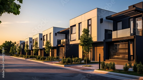 Modern modular private townhouses. Residential minimalist architecture exterior. A very modern neighborhood, late afternoon or morning shot. Generation AI © Bogdan