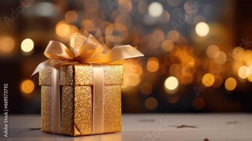 golden gift box background, Christmas lights bokeh