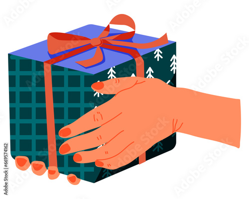 Hands with gift. Holding present box, holiday package in festive paper wrapping, tied with ribbon, bow. Christmas surprise. Vector illustration