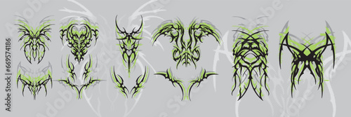 Neo tribal tattoo set, gothic body ornament cyber shapes kit, vector acid abstract alien sign. Maori sleeve symbol y2k Polynesian futuristic chest symmetry swirl wing. Neo tribal silhouette clipart