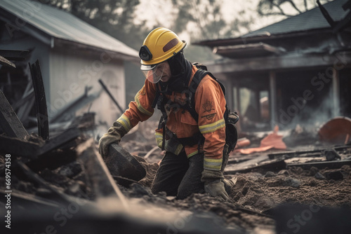 Rescue service man in protective helmet clears rubble of house after natural disaster. AI Generative