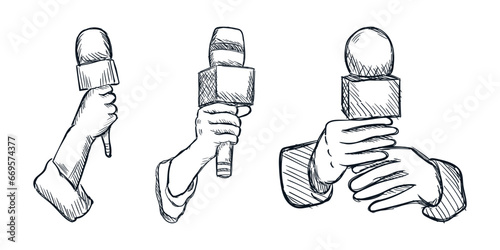 Journalist hand holding microphone line sketch. Pencil rustic grunge drawing style. Vector vintage illustration