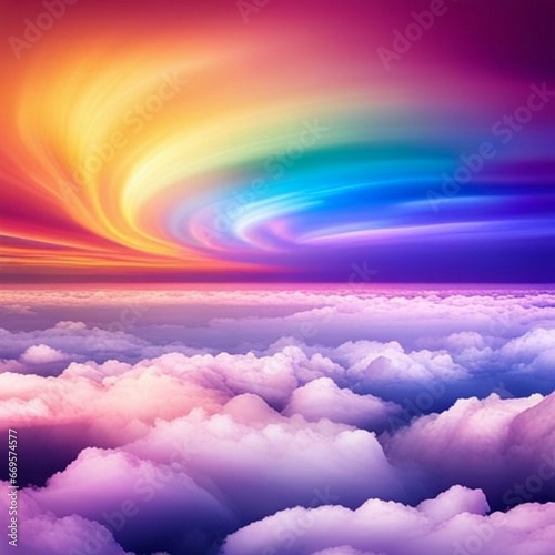 bright dynamic glow in the sky above the clouds, abstract, surreal, dreamlike, stylized - of painting style, vivid colors, detailed, wide angled, other wordly, fantastic photo