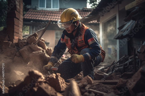 Rescue man in helmet helping on ruined house after disaster in war zone. AI Generative photo