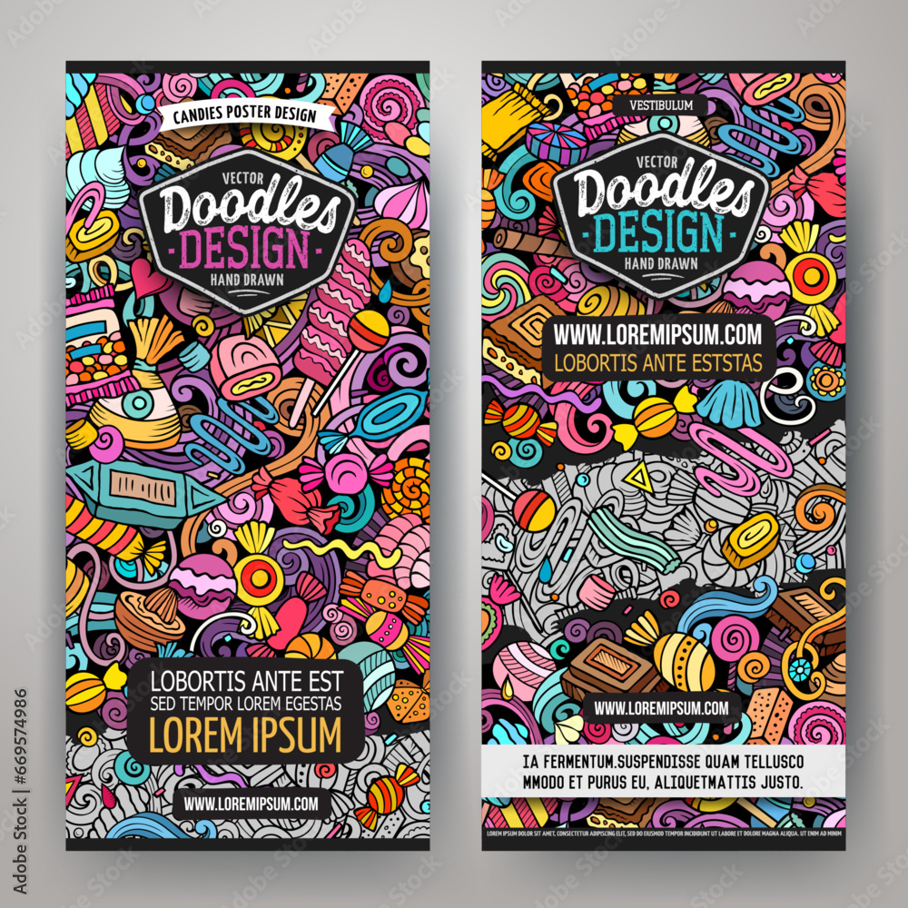 Fototapeta premium Cartoon vector doodle set of Candies banners templates