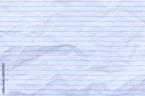 Top view empty rumpled lined paper with wrinkled. Notebook lined paper background and texture.