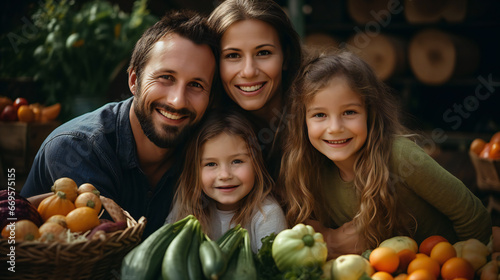 Happy family done with harvesting vegetables and smiling in Garden. Generation AI photo