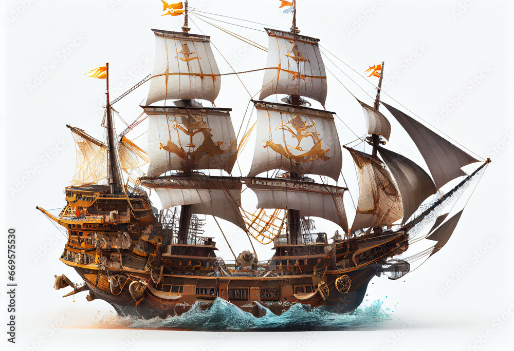 Fototapeta premium Photorealistic pirate schooner or sailing ship in 16th-17th century style on a white background. AI generative.
