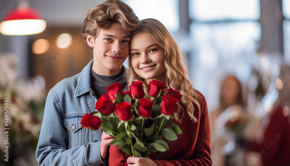 Boy give rose to girl. Little boy and girl on Valentine's Day or holiday. A boy gives roses to a girl. Romantic in love. Valentines Day concept Boy give rose to girl. Little boy and girl on Valentine's Day or holiday. A boy gives roses to a girl. Romantic in love. Valentines Day concept