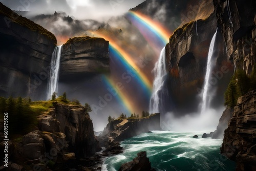 A majestic waterfall cascading down a rugged cliff face  surrounded by mist and rainbows.