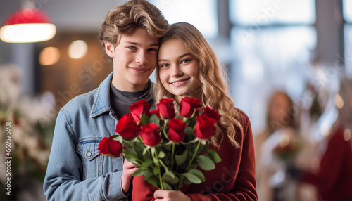 Boy give rose to girl. Little boy and girl on Valentine's Day or holiday. A boy gives roses to a girl. Romantic in love. Valentines Day concept © annebel146