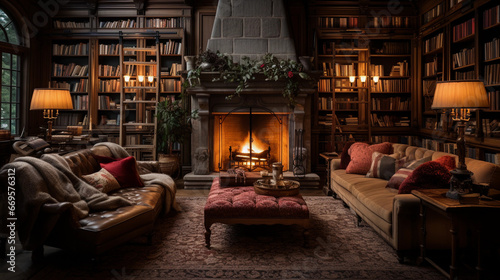 A cozy living room with a roaring fireplace, plush sofas, and bookshelves filled with books