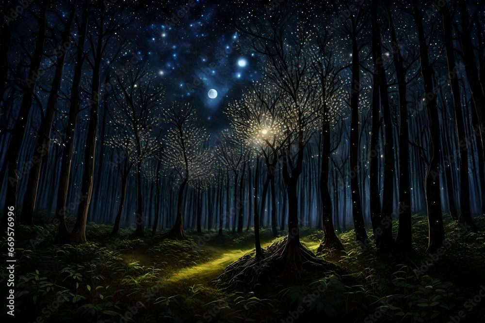 A group of fireflies creating a mesmerizing light show in a tranquil, moonlit grove.
