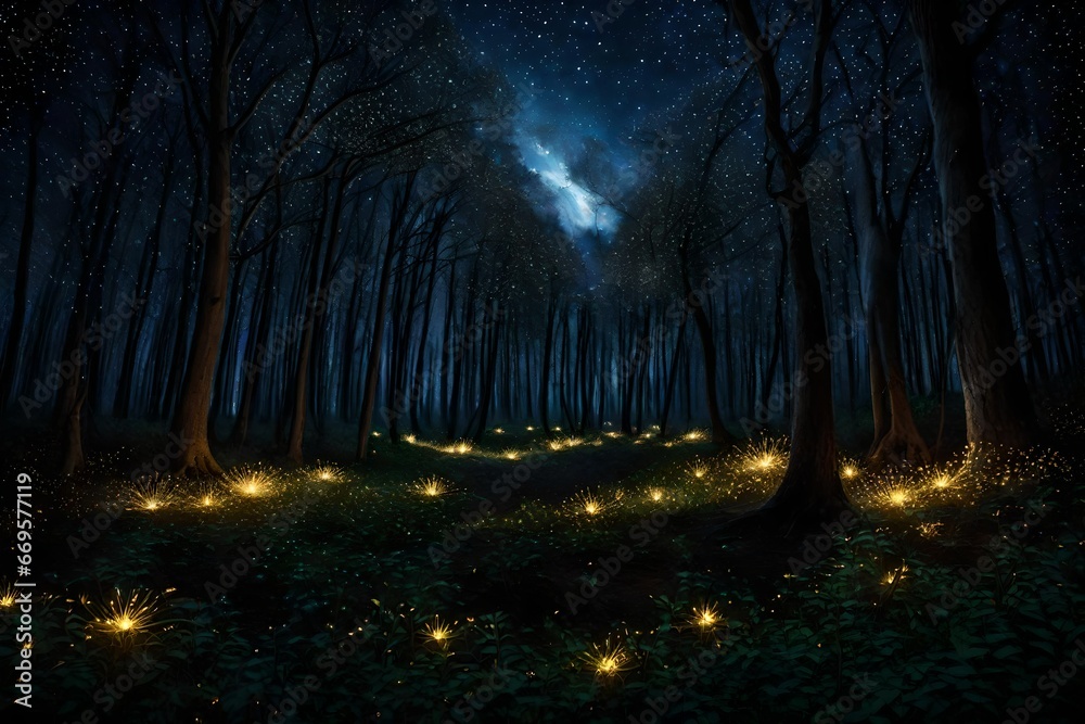 A group of fireflies creating a mesmerizing light show in a tranquil, moonlit grove.