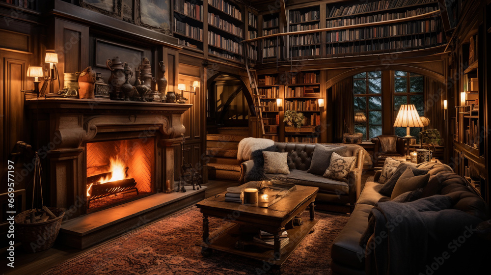 A cozy living room with a roaring fireplace, plush sofas, and bookshelves filled with books A cozy living room with a roaring fireplace, plush sofas, and bookshelves filled with books