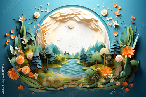Paper art landscape with mountains, trees, flowers, river, birds, and clouds on blue background. © weerasak