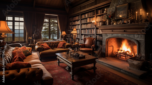 A cozy living room with a roaring fireplace  plush sofas  and bookshelves filled with books