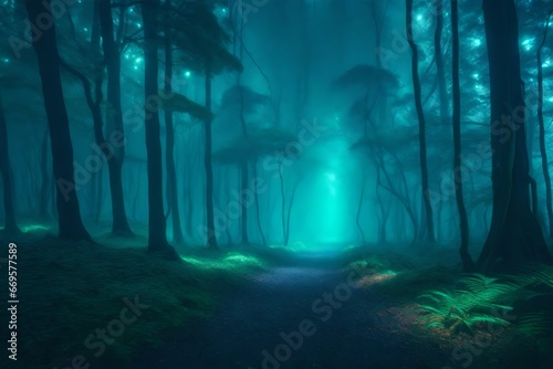 A dense, otherworldly forest with towering, alien-like trees shrouded in mist.