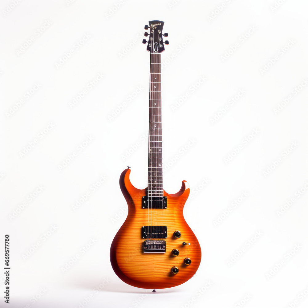 Modern electric guitar, orange sunburst finish, isolated on white background.