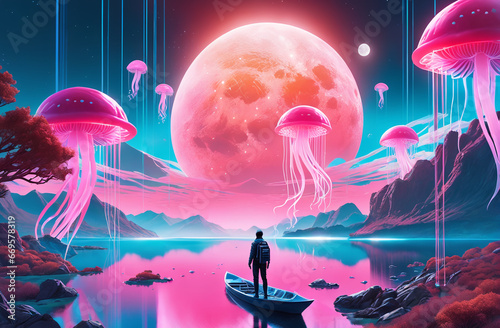 Flying space jellyfish. A magical world. Fantastic landscape. New inhabitants of the planet. AI