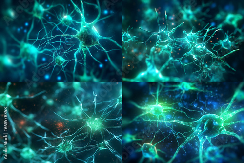 AI Generated illustration  neuron cells  glowing link knots. Neuron cells sending electrical  impulses.