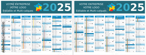 Calendrier 2025 14 mois au format 320 x 420 mm recto verso entièrement modifiable via calques et texte sans serif