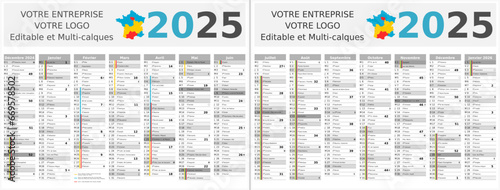 Calendrier 2025 14 mois au format 320 x 420 mm recto verso entièrement modifiable via calques et texte sans serif	