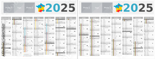 Calendrier 2025 14 mois au format 320 x 420 mm recto verso entièrement modifiable via calques et texte sans serif