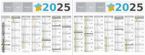 Calendrier 2025 14 mois au format 320 x 420 mm recto verso entièrement modifiable via calques et texte sans serif