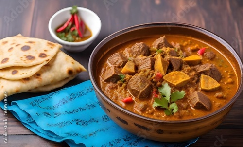 Roasted mutton Curry with roti and sauce in the bowl decoration on wooden table with dark background