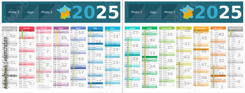 Calendrier 2025 14 mois au format 320 x 420 mm recto verso entièrement modifiable via calques et texte sans serif