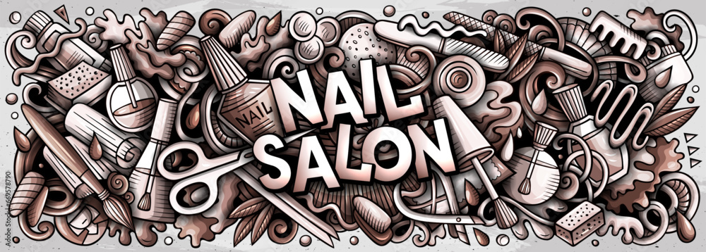 Nail Salon doodle cartoon funny banner