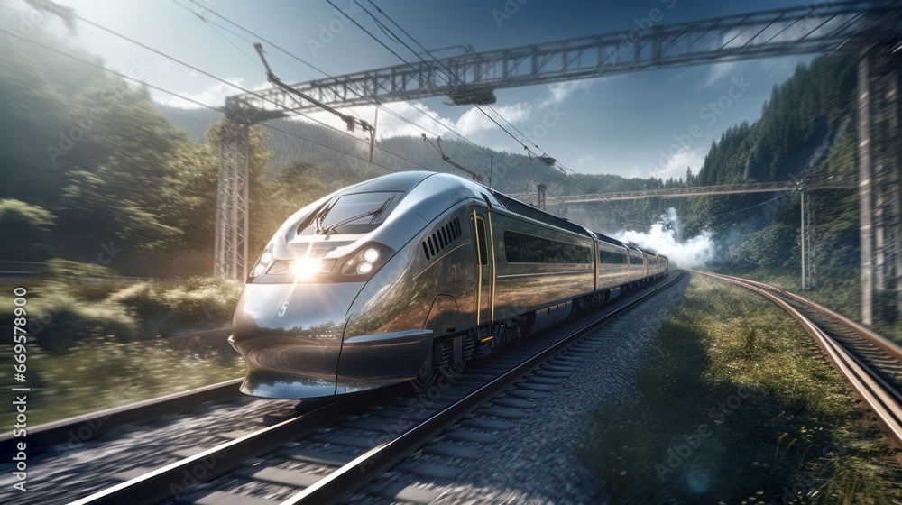 Fototapeta premium A silver train traveling down train tracks next to a forest