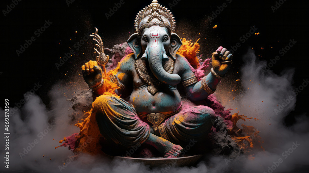 Ganesha with elephant head in holy colorful paint dust splash. Religion and culture concept