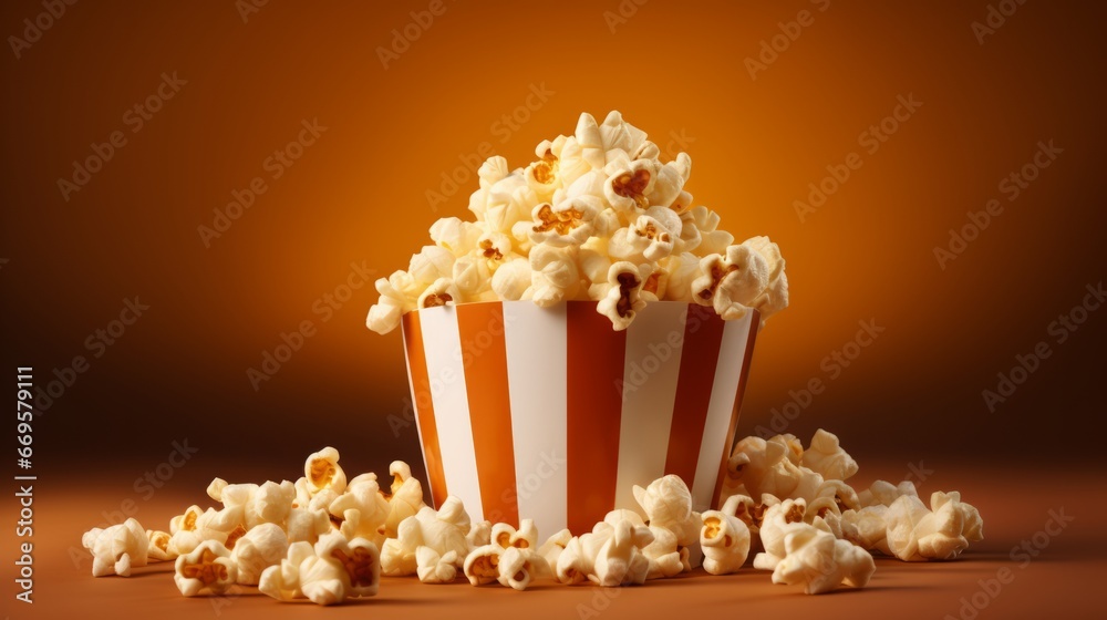A popcorn bucket full of popcorn on a brown background