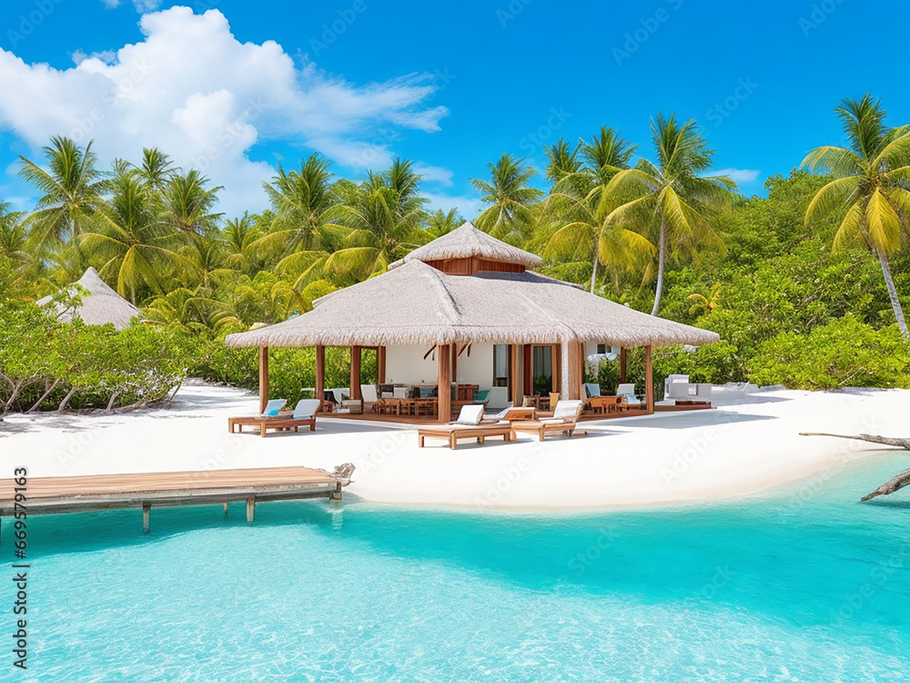 Escape to a world of luxury and relaxation, with a private island retreat featuring a stunning villa, white sandy beaches, and turquoise waters