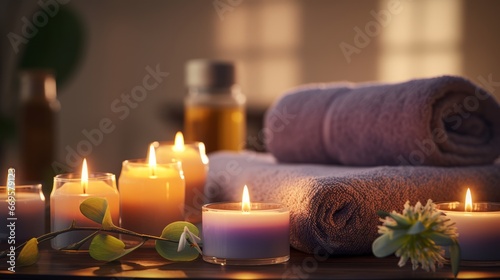 A table topped with lots of candles and towels